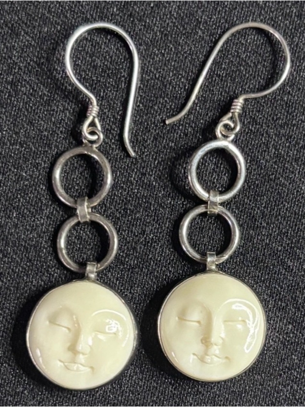 Silver 925 Cream Full Moon Face Goddess Hooks And Linked Rings Dangle Earrings